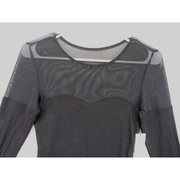 Francesca's Bodysuit Womens Medium Black Mesh Sheer Long Sleeve Ribbed TFD6D180 - Picture 2 of 10
